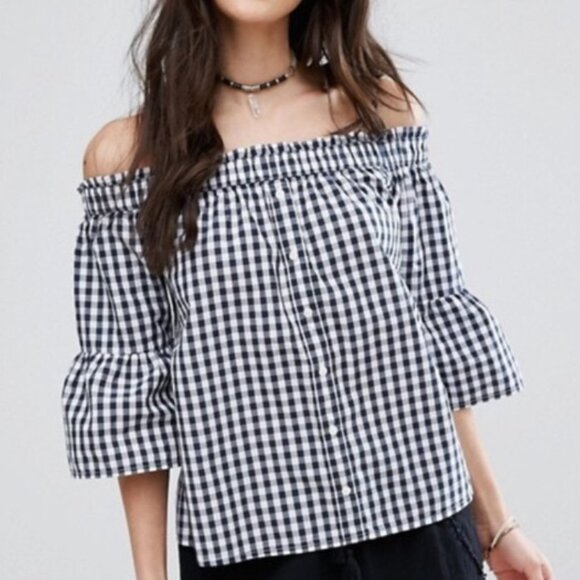 Abercrombie & Fitch Off Shoulder Gingham Top Navy White S - Picture 2 of 10